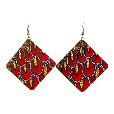 Square Ethnic Print Wooden Earrings