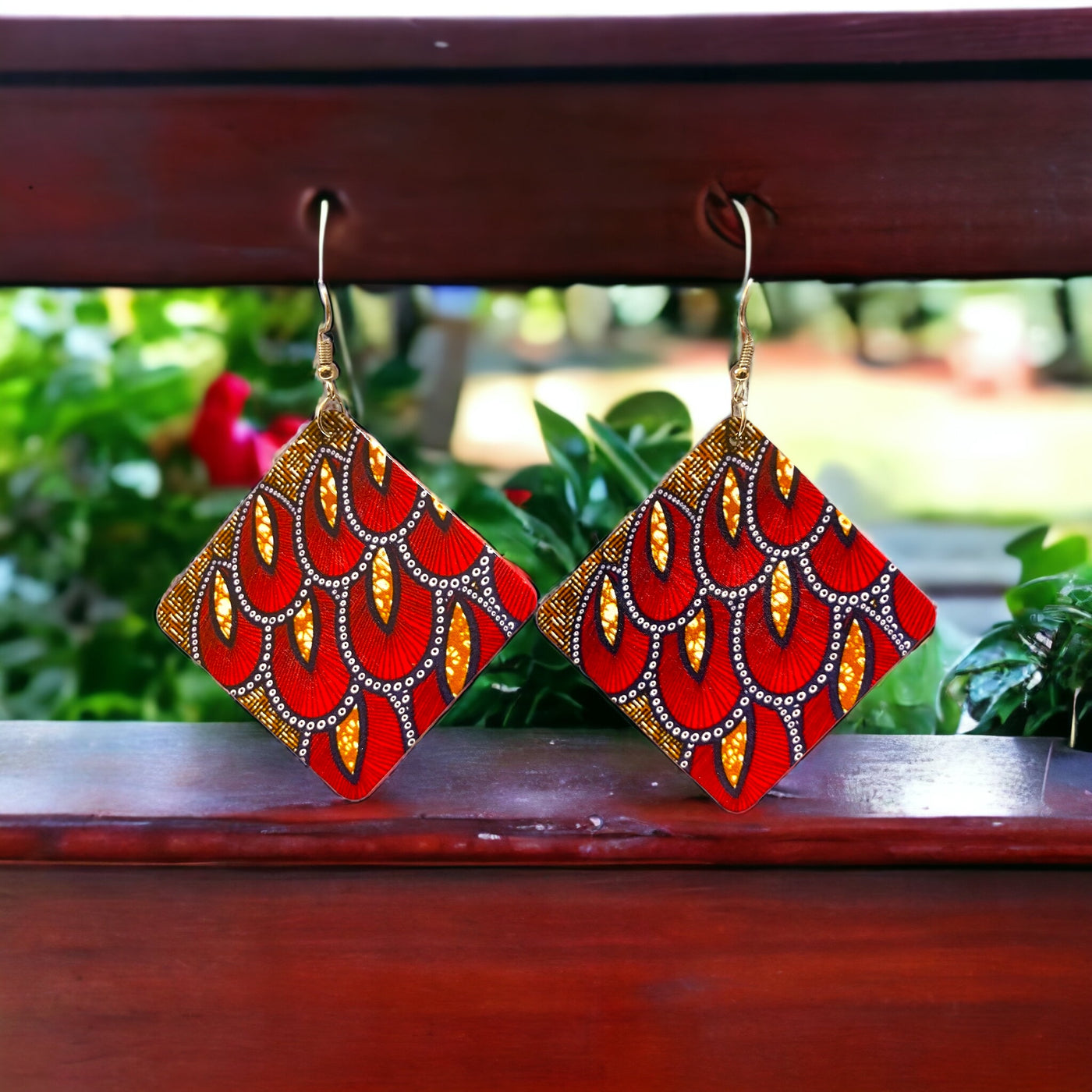 Square Ethnic Print Wooden Earrings
